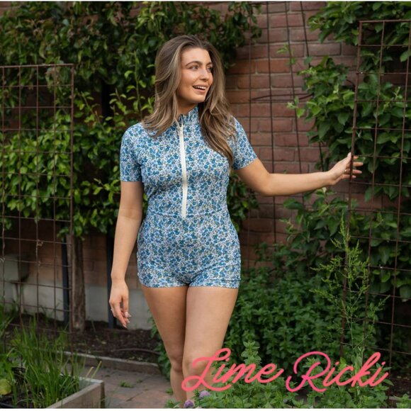 {NWT} LIME RICKI Cornflower Rash Guard One Piece | M | blue floral rashguard - Picture 1 of 8